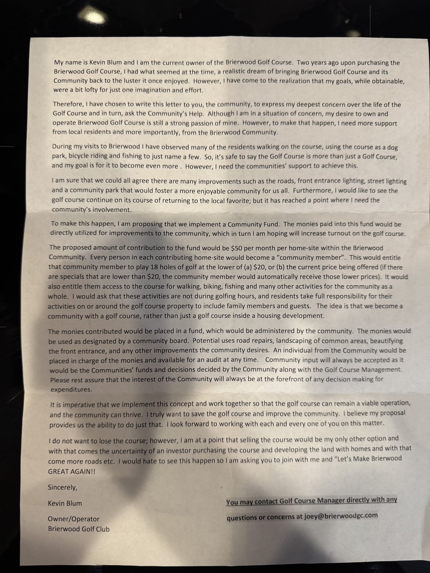 Photograph of the letter from Kevin Blum, Owner/Operator of Brierwood Golf Club, asking the community to support a Community Fund