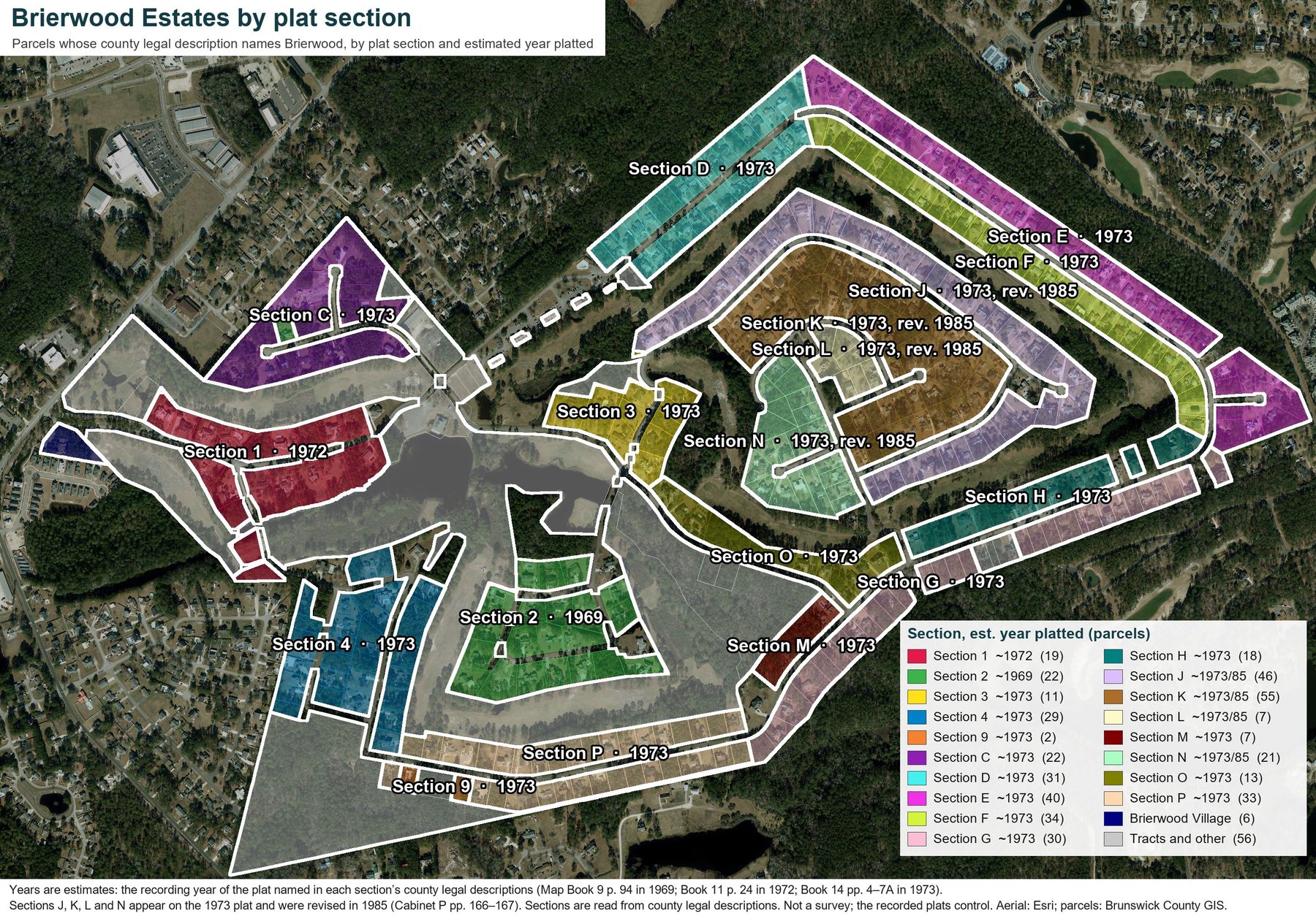 Brierwood Estates plat sections over an aerial photograph, with the estimated year of each section