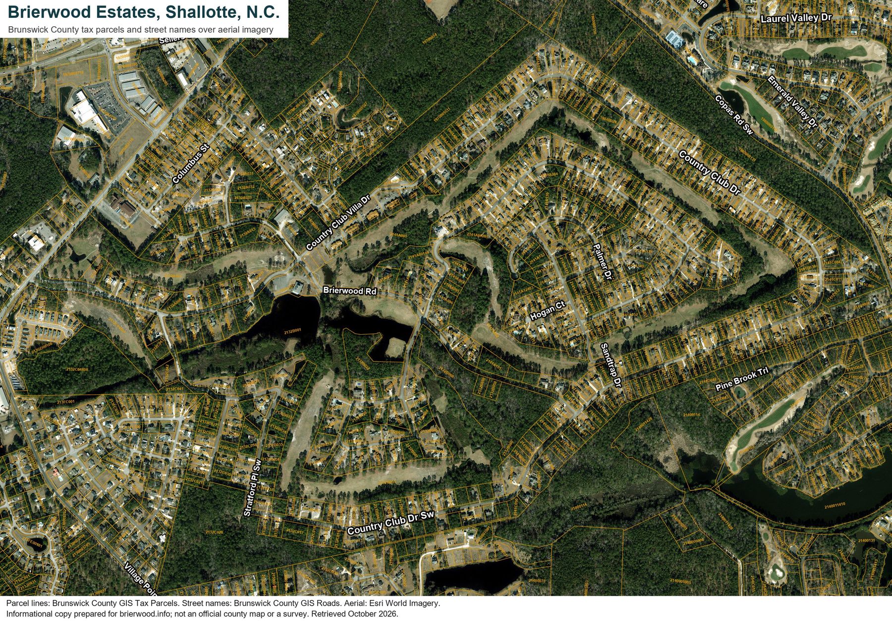 Brierwood Estates today: county parcel lines and street names over an aerial photograph
